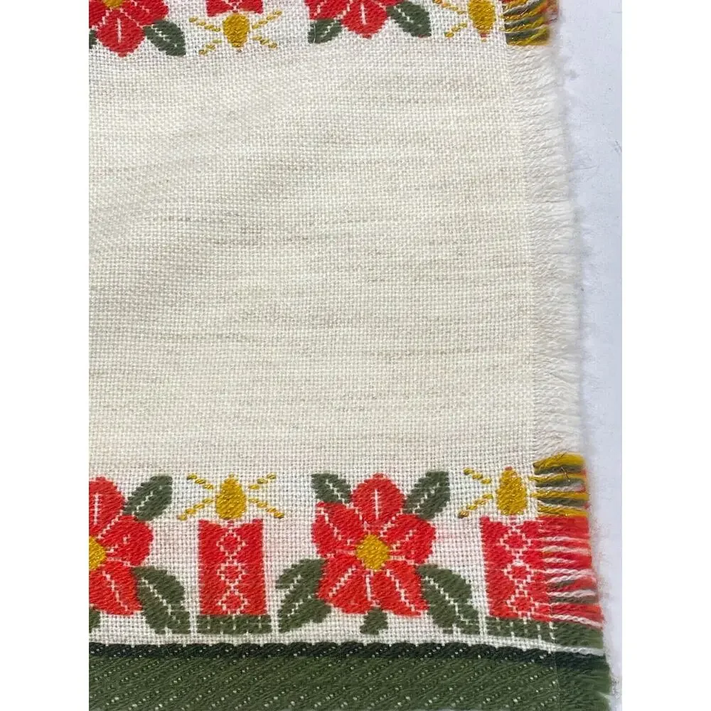 Vtg Woven German Style Table Runner Xmas Poinsettia Candles Fringes 15x19.5